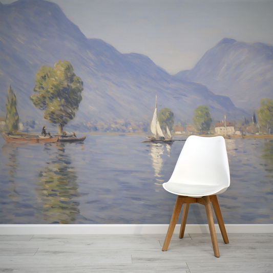 Simple white chair against a lake scene wallpaper
