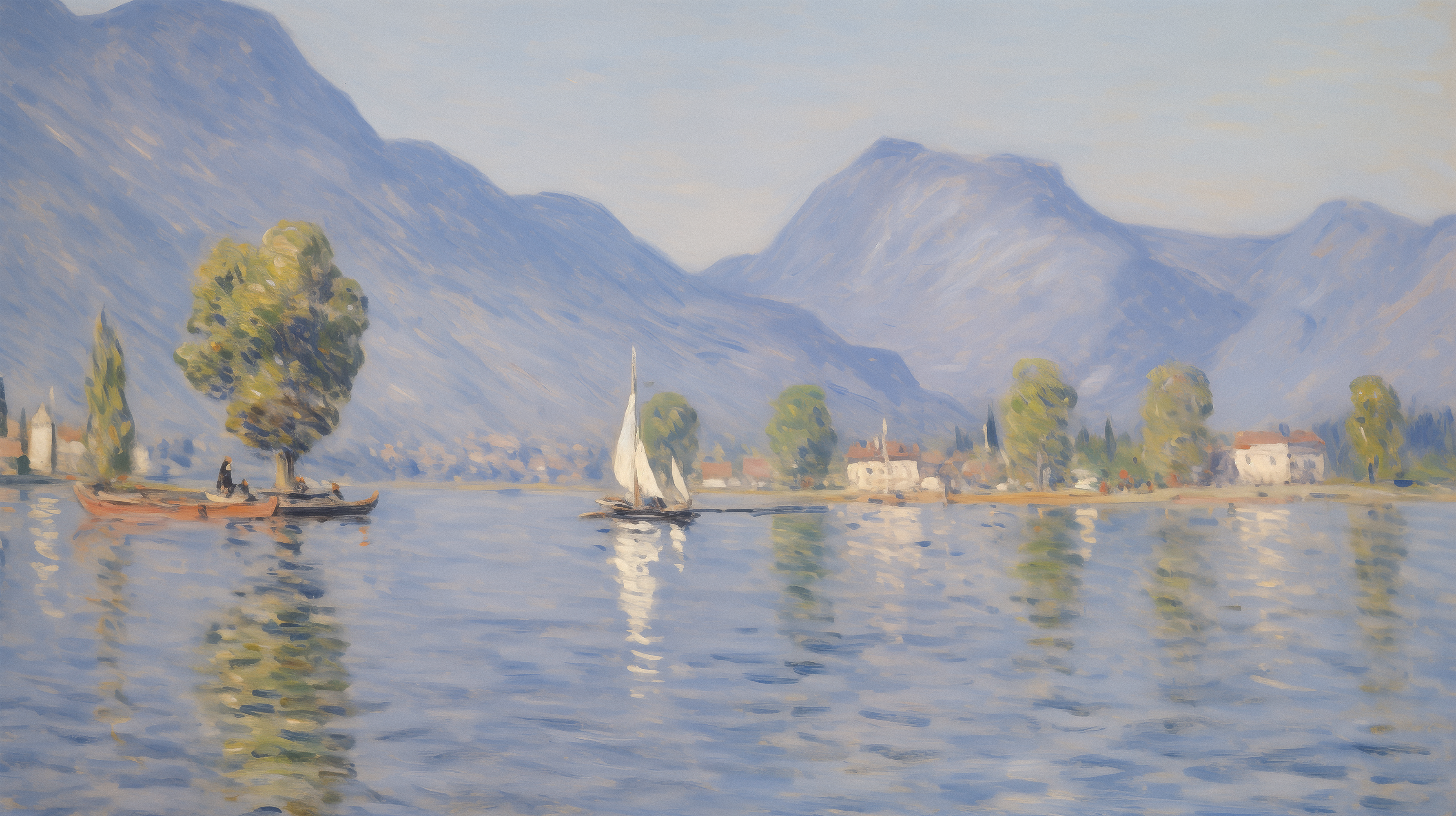 Gwen Wallpaper Painting of a lake scene with mountains, trees, and boats.
