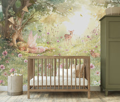 Haisley Wallpaper in a Nursery with a Wooden Cot and Green Wardrobe