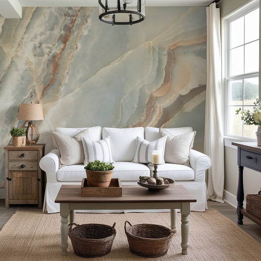 Handess in living room with white sofa and baskets