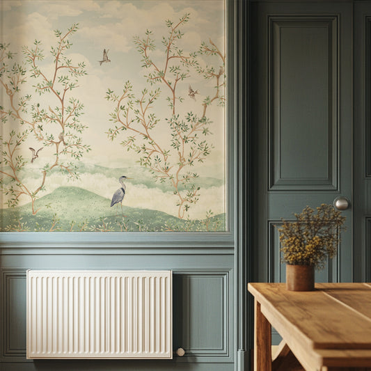 Wall with decorative wallpaper featuring trees and a bird, radiator below, wooden table with plant on right.