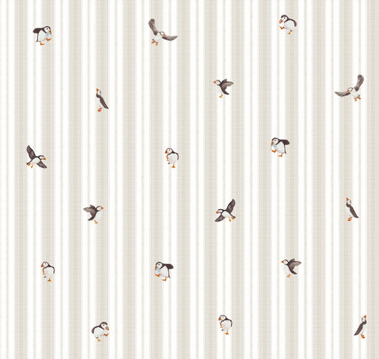 Pattern of small penguin illustrations on a striped background