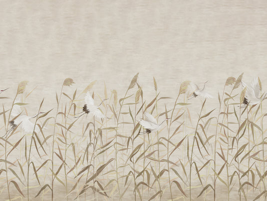A soft, minimalist artwork showing white cranes among tall beige and brown reeds on a light warm neutral background.