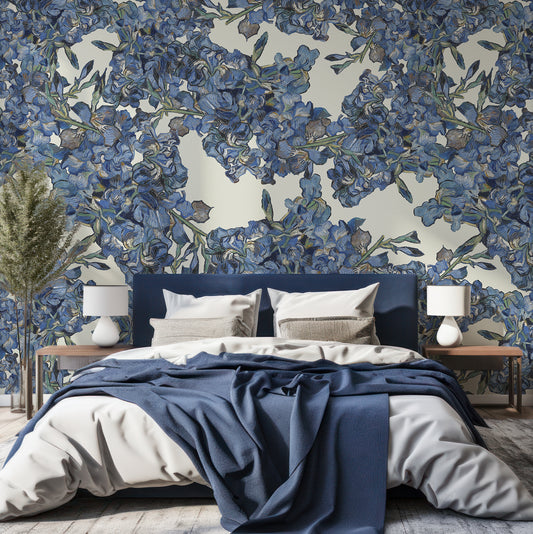 Iris Infusion Wallpaper In Bedroom With Navy Blue Bed And Large Green Plant