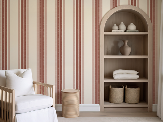 Nursery room with striped wallpaper, wooden crib, and bookshelf.