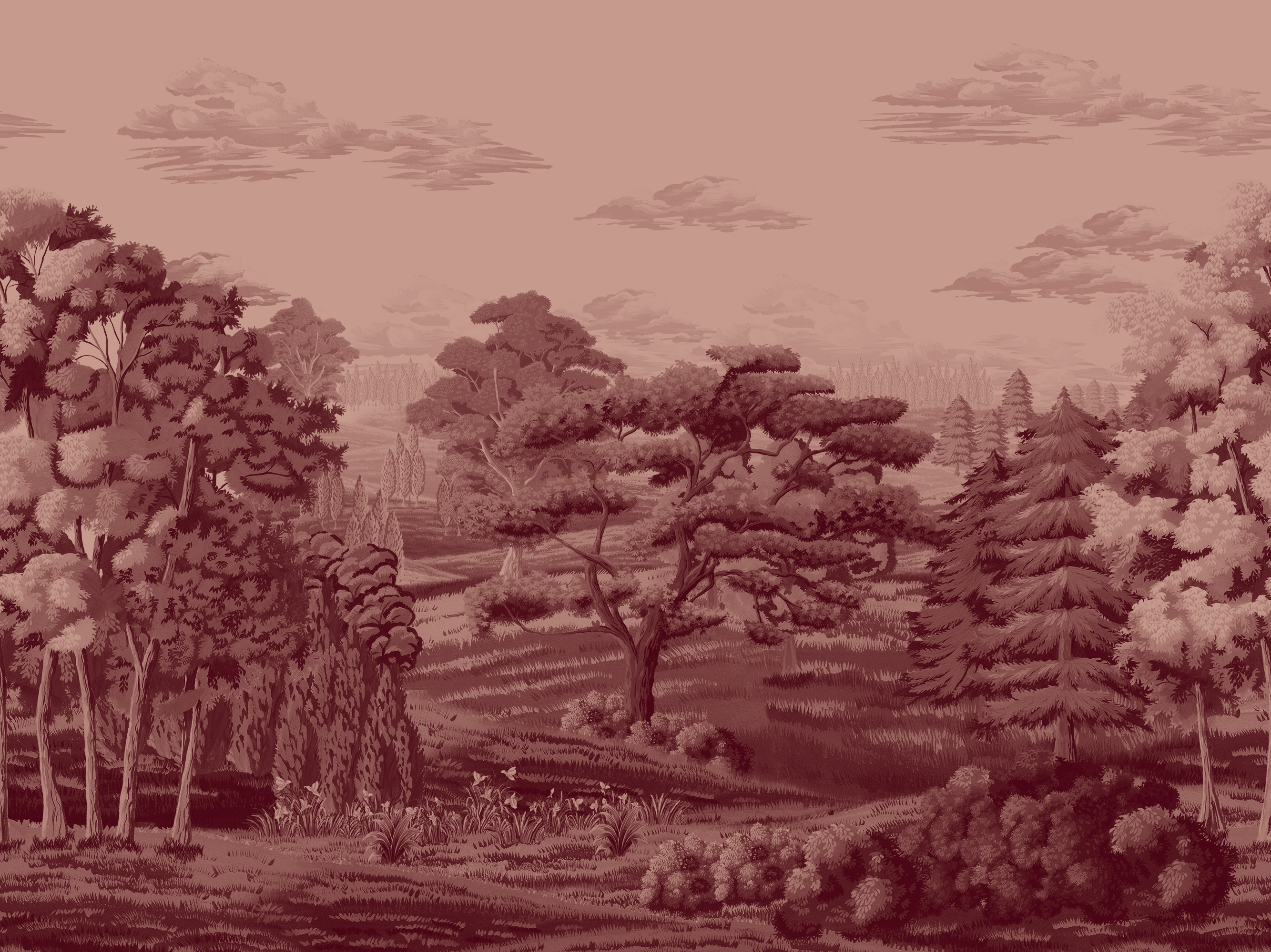 Vintage-style illustration of a forest landscape with trees and a sky.