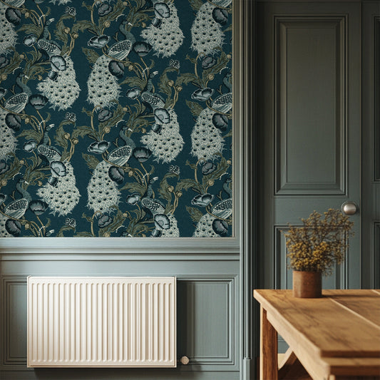 Room interior with floral peacock wallpaper, radiator, and wooden table.