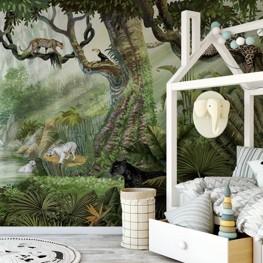 Jungle Cats Wallpaper In Kid's Elephant Bedroom