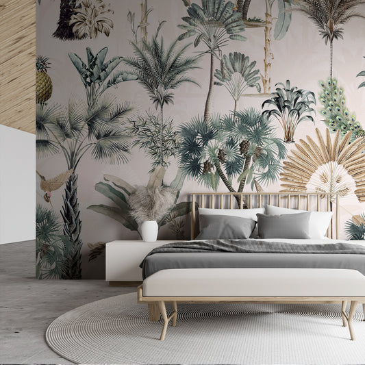 Jungle Chic Beige Wallpaper In Open Bedroom With Grey Bed with Small Coffee Next To It