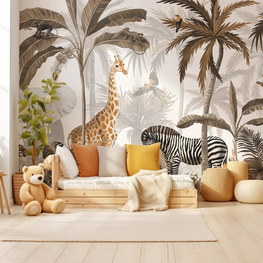 Jungle Jive Sepia Wallpaper In Child's Bedroom With Wooden Bed With Red, Beige And Yellow Cushions As Well As Teddy Bear