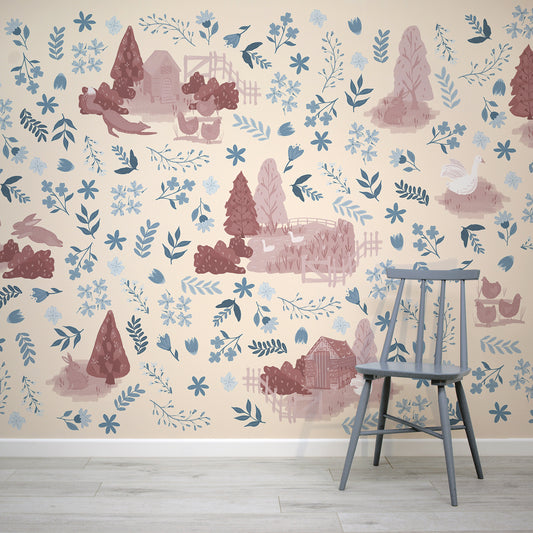 Juniper Berry Wallpaper in Red and Blue with a Grey Chair