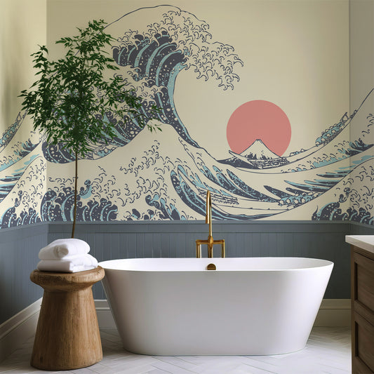 Kanagawa in blue panelled bathroom with tree