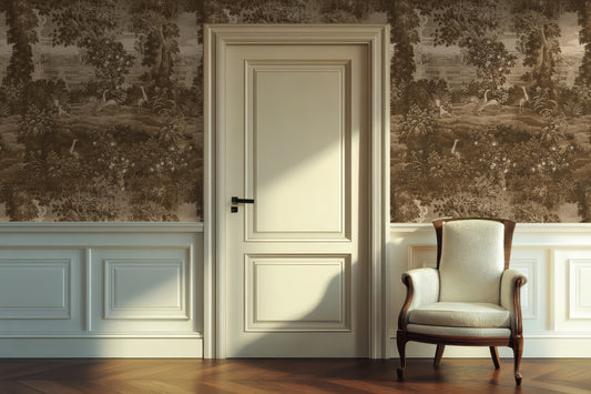 Katharine Harvest Wallpaper in a White Hallway and Chair