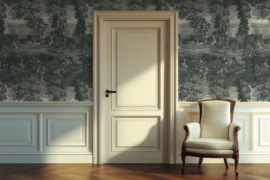 Katharine Indigo Wallpaper with a beige door in a room with classical wallpaper and an armchair.