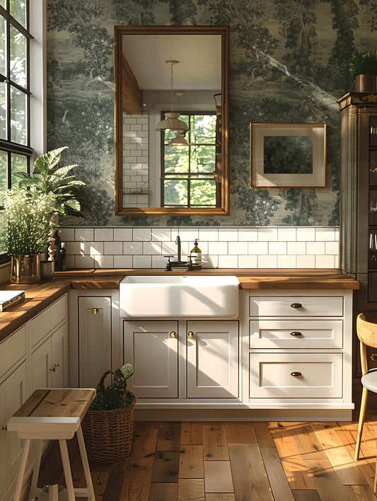 Katharine Indigo Wallpaper in a modern kitchen with white cabinets, wooden countertops, and a large mirror on the wall.