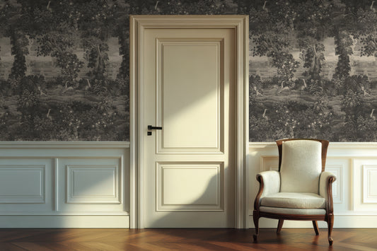 Katharine Mono Wallpaper with a beige door in a room with decorative wallpaper and a chair.