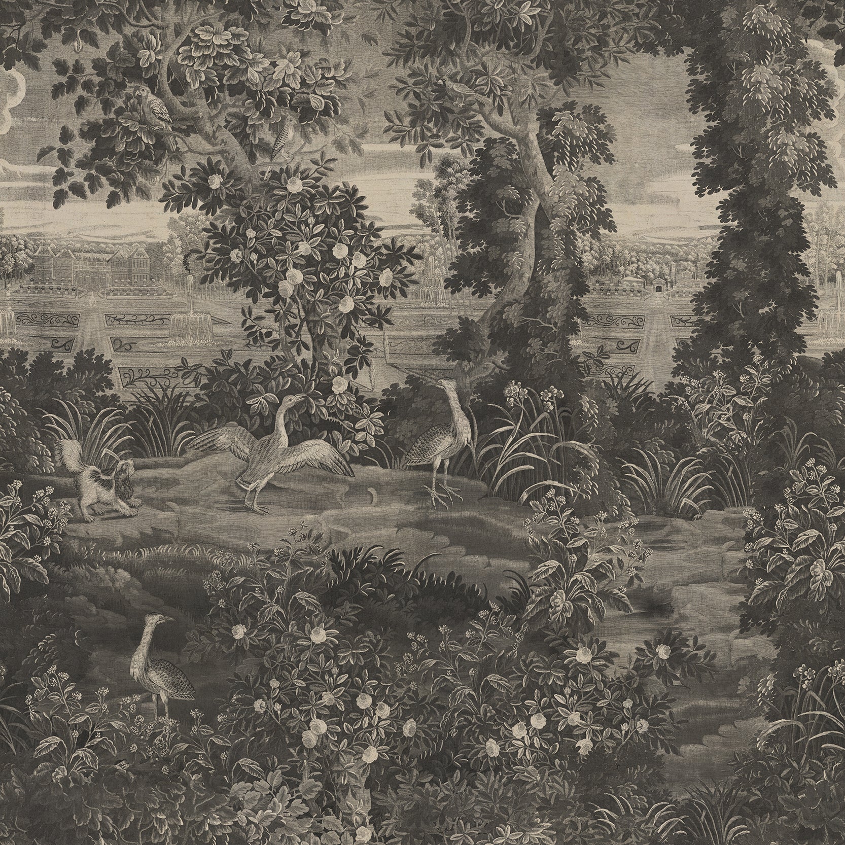 Katharine Mono Wallpaper Vintage-style illustration of a natural landscape with trees, birds, and flowers.