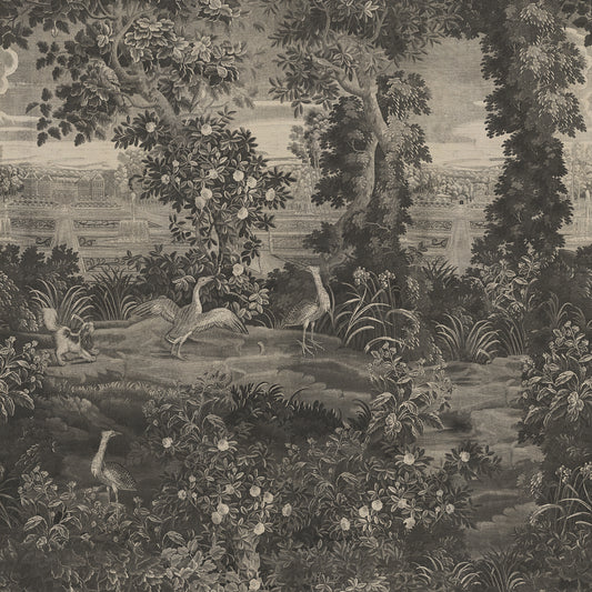 Katharine Mono Wallpaper Vintage-style illustration of a natural landscape with trees, birds, and flowers.