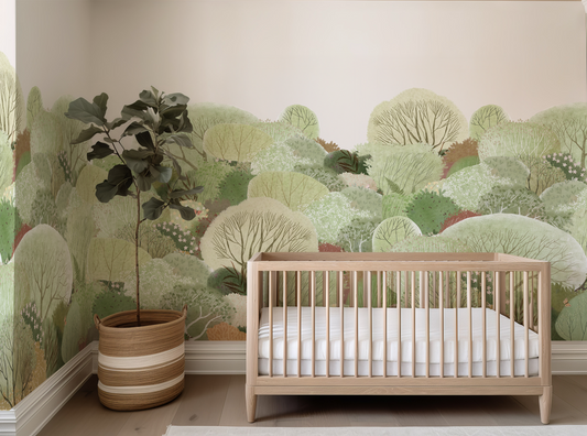 Soft watercolour forest mural in a neutral nursery with a green plant in a basket. 