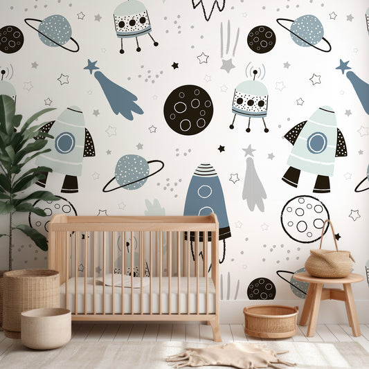 Leo Spaced Themed Wallpaper In Nursery With Wooden Crib And Green Plant And Wooden Stools