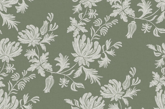 Floral pattern with white leaves on a green background