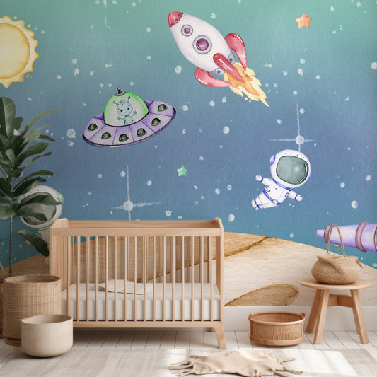 Light Year Children's Space Astronaut Wallpaper In Nursery With Wooden Crib And Green Plant And Wooden Stools