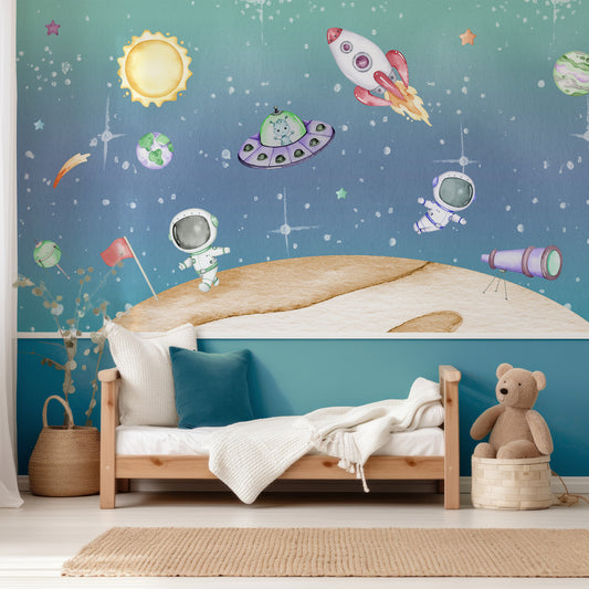 Light Year In Child's Bedroom With Small Wooden Bed And White And Blue Bedding With Half Wallpapered Wall And Half Painted Blue Wall