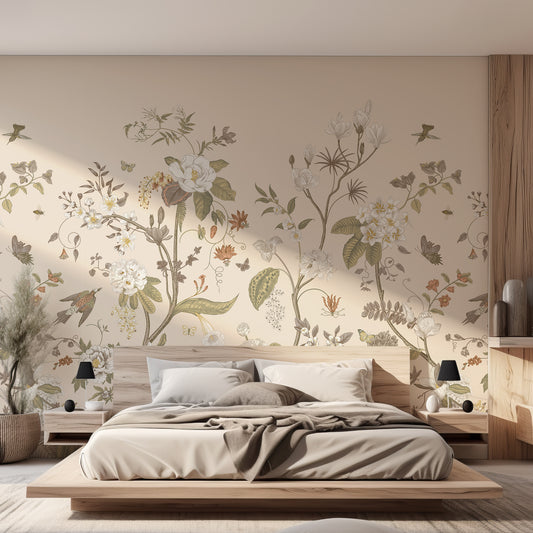 Lily Lane Neutral Wallpaper In Bedroom With Wooden Bed, Grey Neutral Bedding, Black Lamps, Large Green Plant