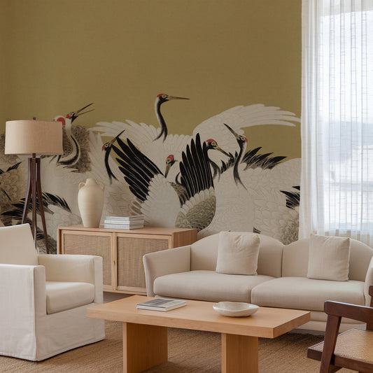 Tsuruko - Vintage Olive Japanese Crane Wallpaper Mural