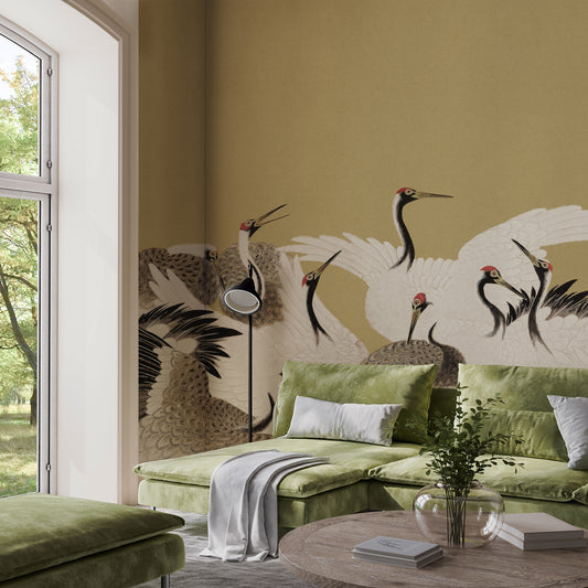 Tsuruko - Vintage Olive Japanese Crane Wallpaper Mural