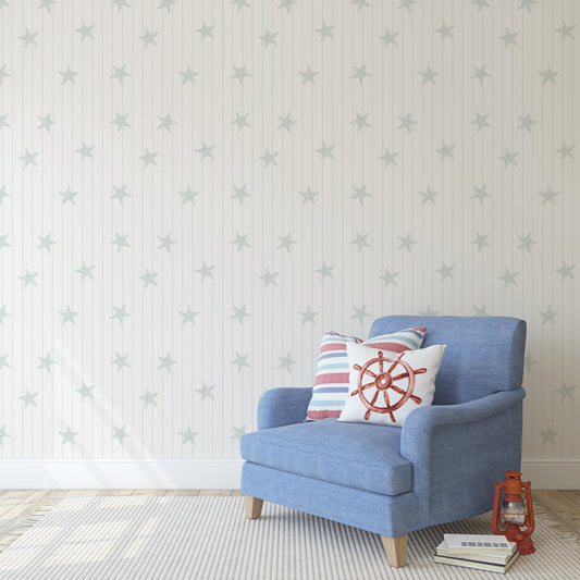 Cove - Green Pinstripe Starfish Wallpaper Mural