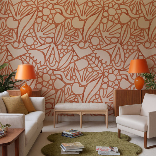 Freya Wallpaper by wallpapermural in a vintage living room with orance lamps and a khaki green rug