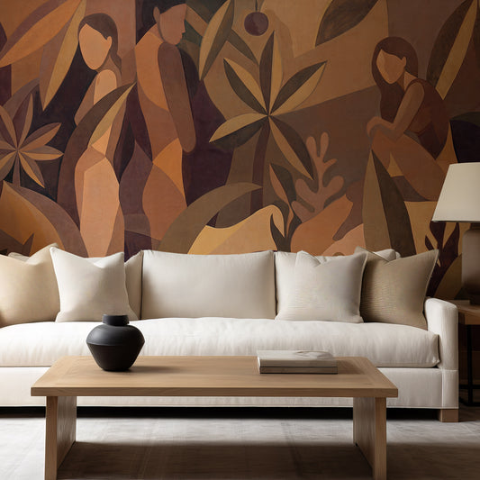 Living room with a white sofa, wooden coffee table, and abstract wall art.