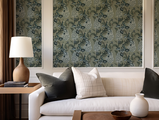 Blue Peacock wallpaper in a neutral Living room  with a lamp