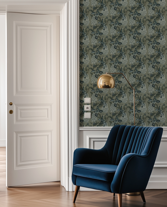 Blue Peacock wallpaper with a navy blue chair
