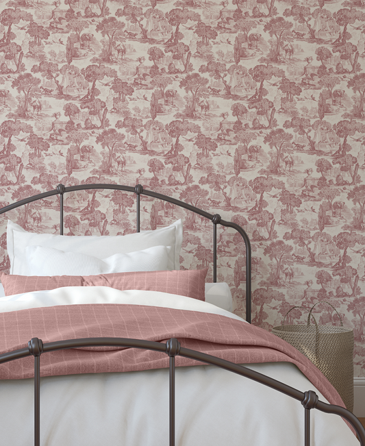 Bedroom with floral wallpaper, white bedding, and a pink blanket.