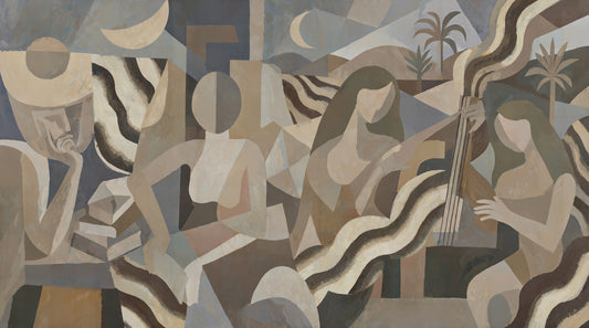 Abstract artwork with human figures and geometric shapes in earthy tones.