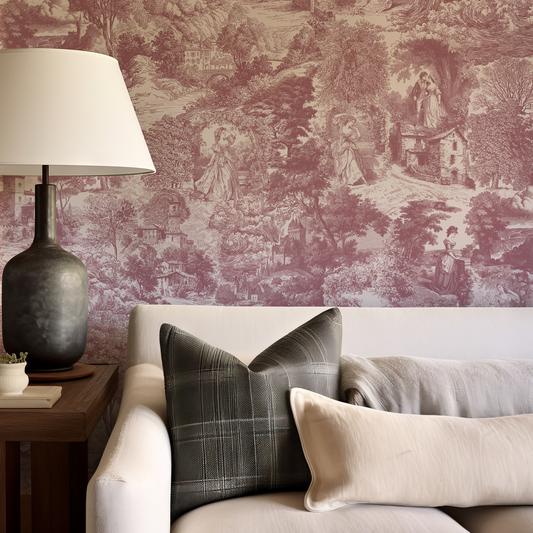 Living room with a sofa, lamp, and decorative pillows against a toile wallpaper