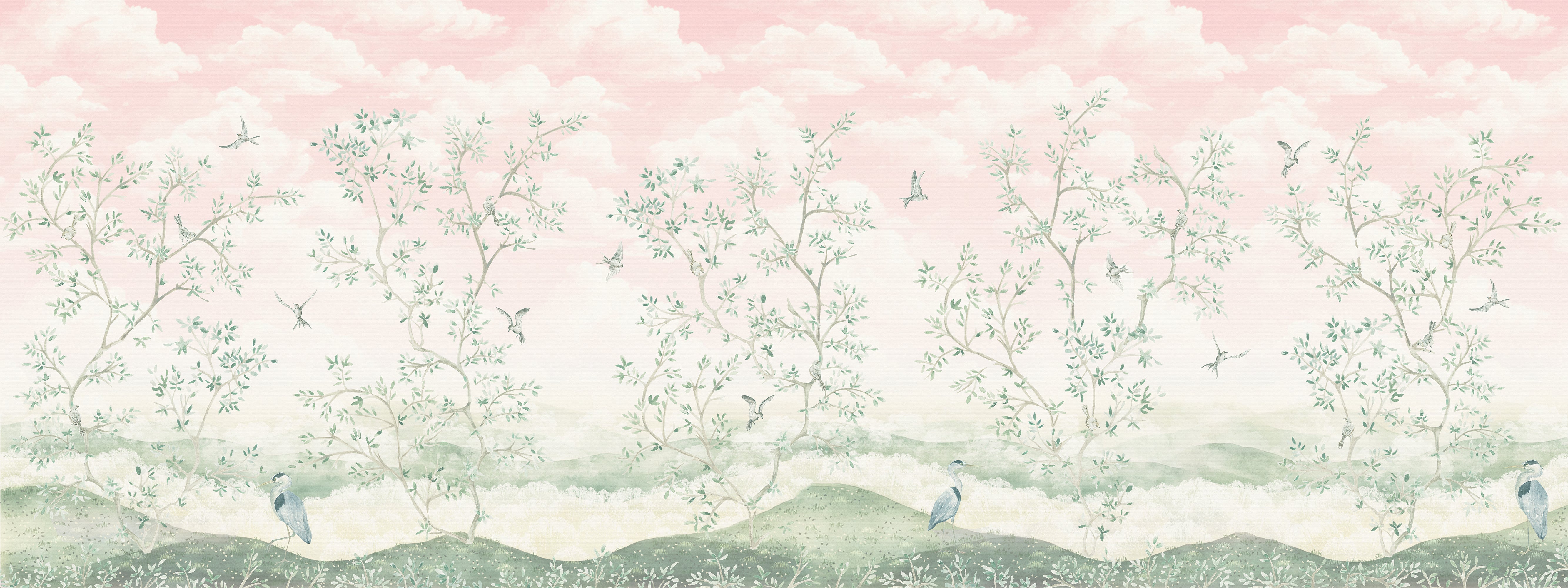 Scenic landscape with trees, birds, and a pink sky