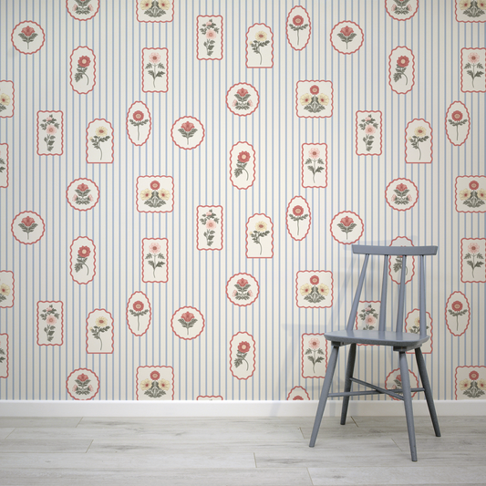 Floral stamp wallpaper with a blue wooden chair 