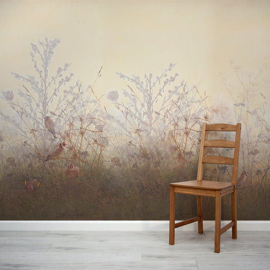 Meryl Wallpaper with a Wooden chair in front of a wall with nature-themed wallpaper