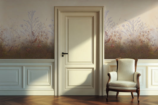 Meryl Wallpaper with a Beige door with floral wallpaper on a wall, accompanied by a white armchair.