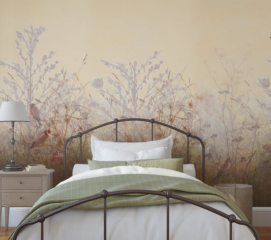 Meryl Wallpaper in a Bedroom with floral wall mural and iron bed