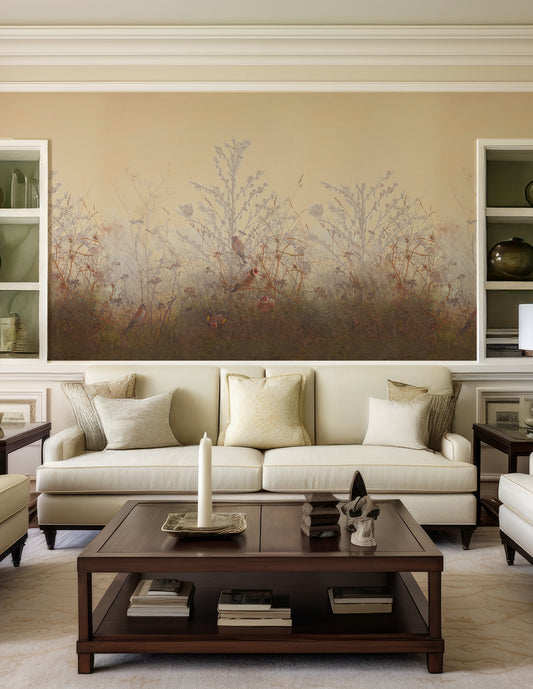 Meryl Wallpaper in a Living room with a beige sofa, wooden coffee table, and landscape wall art.