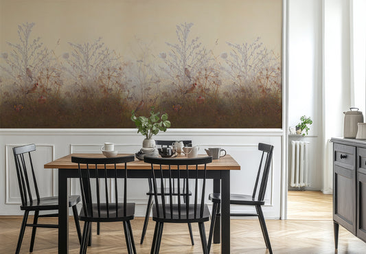 Meryl Wallpaper in a Dining room with wooden table and black chairs, wall art, and kitchen area.