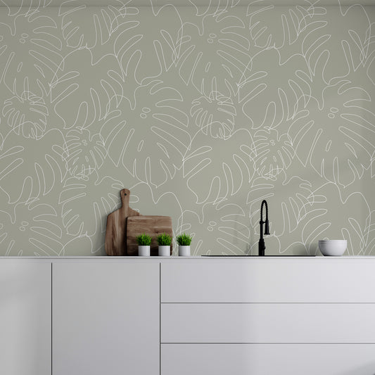 Minimal Monstera Green Wallpaper In Kitchen With White Worktops