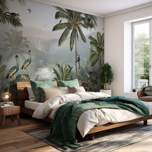 Monkey Sanctuary Wallpaper In Bedroom With Green Bedding And Wooden Bed With Large Window Letting Lots Of Light In