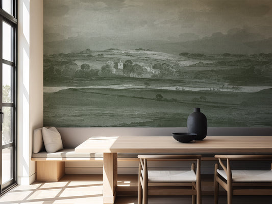 Modern interior with a large landscape mural on the wall, wooden table, and chairs.