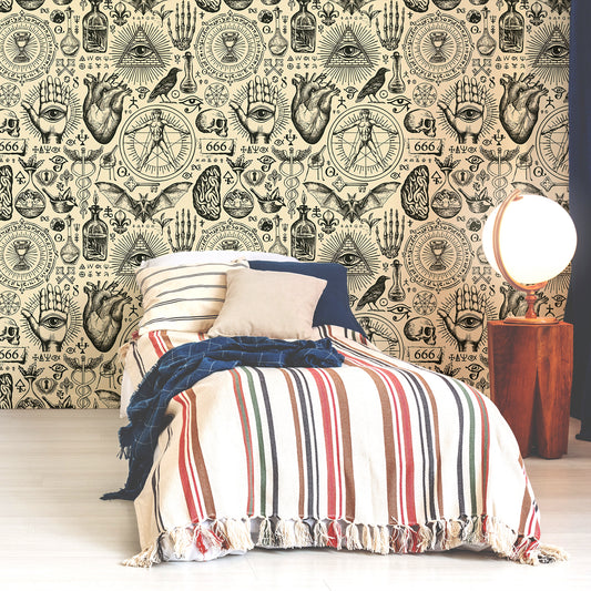 Mystic Grimoire Wallpaper In Bedroom With Single Stripy Bed And Light Up Globe