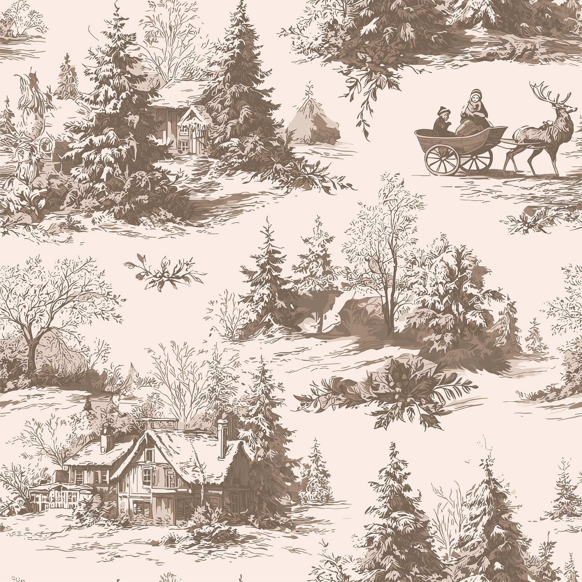Patterned design of a winter landscape with houses, trees, and a deer with a sleigh.